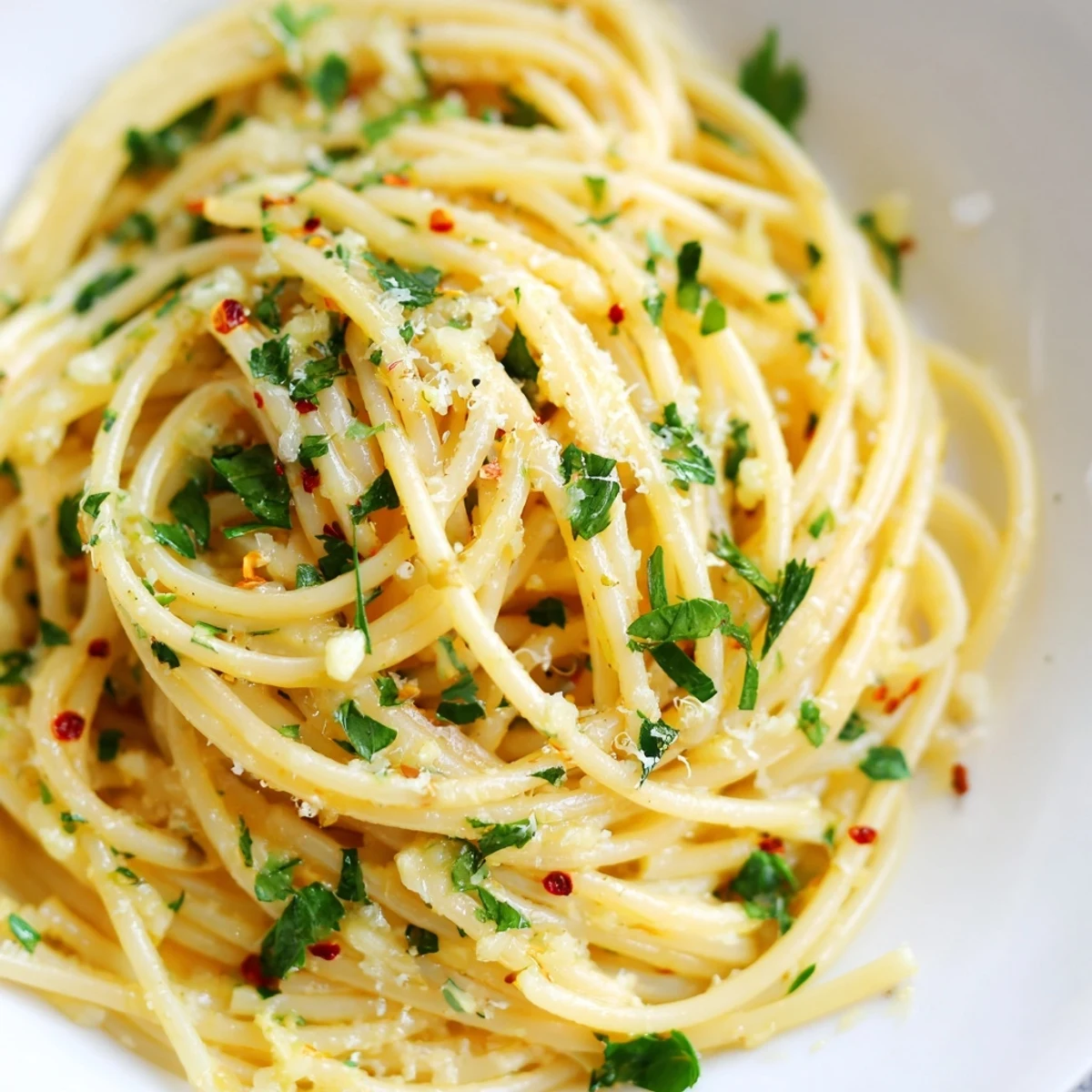 Steaming bowl of Garlic Butter Noodles, perfectly coated and ready to eat with fresh parsley.