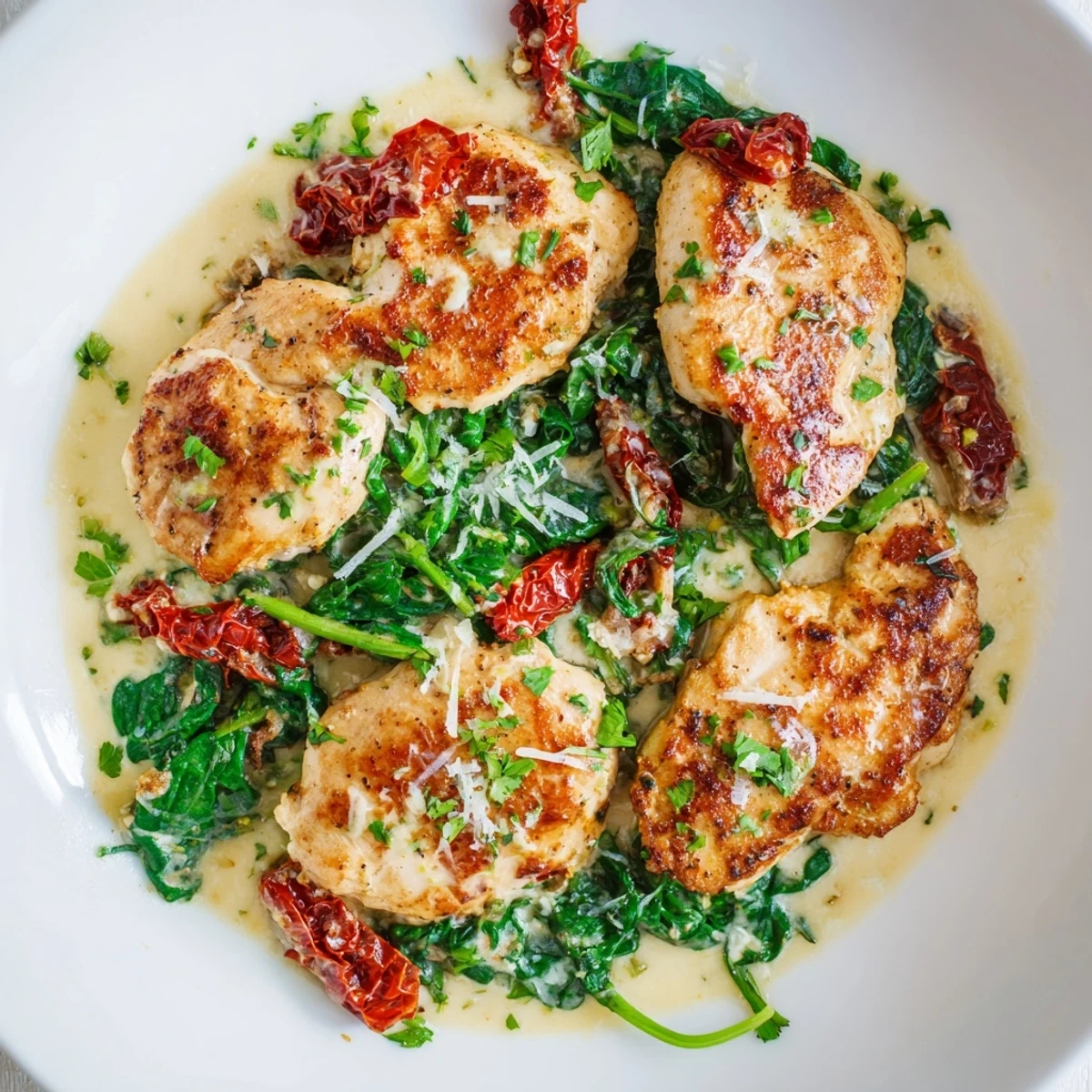 Golden-brown Creamy Tuscan Chicken smothered in rich cream sauce, perfect for a hearty dinner.