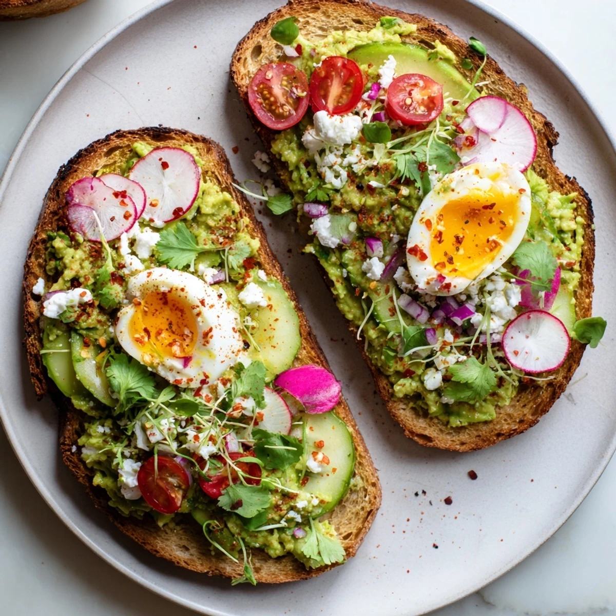 A beautiful plate shows Loaded Avocado Toast, boasting fresh toppings and a perfect egg.