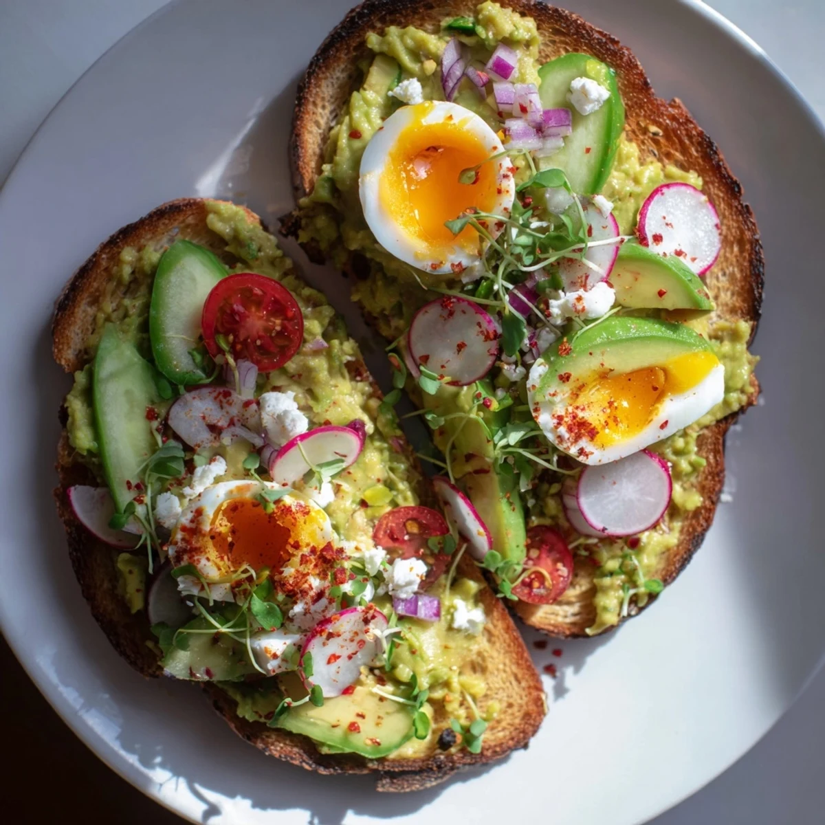 Enjoy creamy avocado and tasty toppings adorning this flavorful Loaded Avocado Toast recipe.