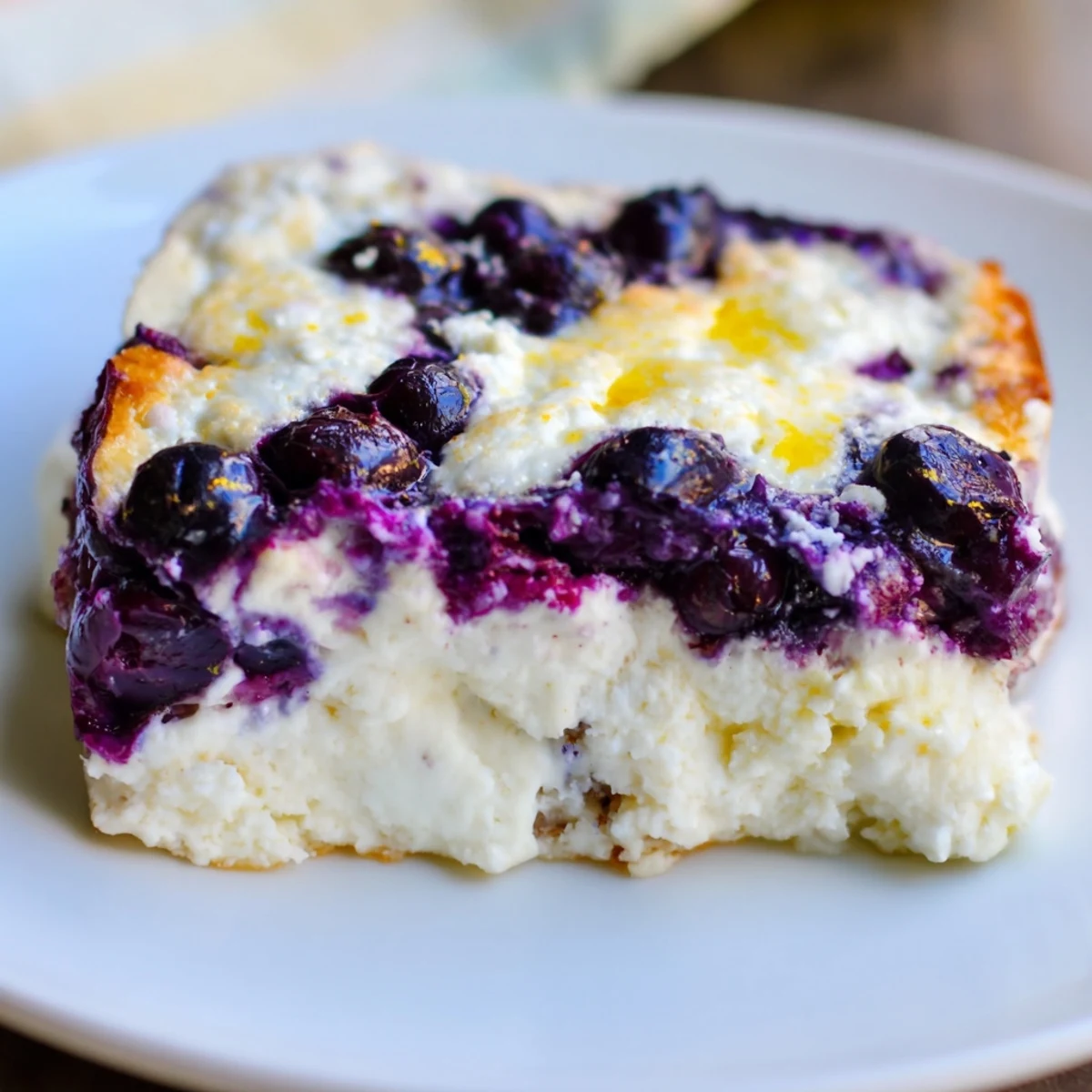Freshly baked Blueberry Cottage Cheese Bake, still steaming, offering a comforting, flavorful breakfast.