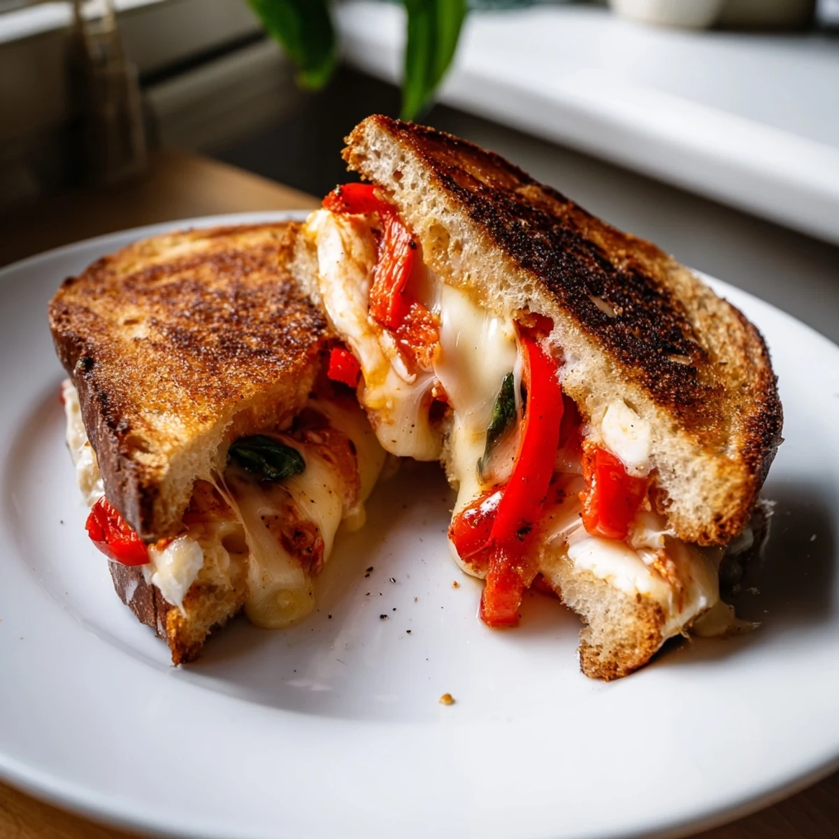 Golden grilled Roasted Red Pepper Grilled Cheese, oozing melted cheese and sweet red peppers, ready to eat.