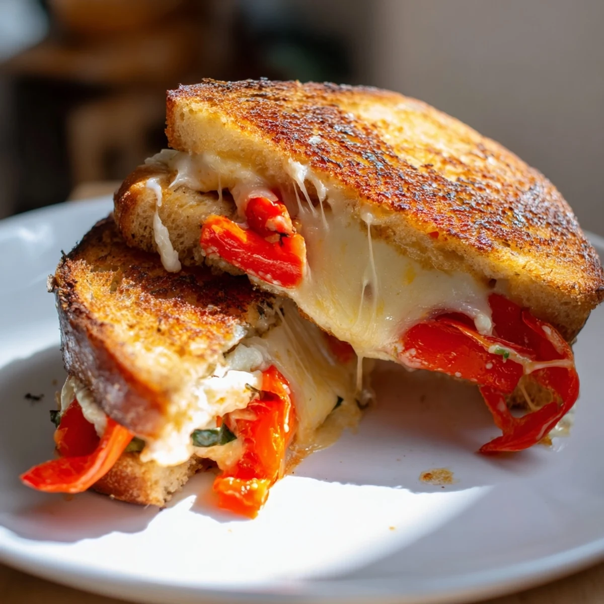 A visually appealing close-up of a perfectly toasted Roasted Red Pepper Grilled Cheese, cut in half.