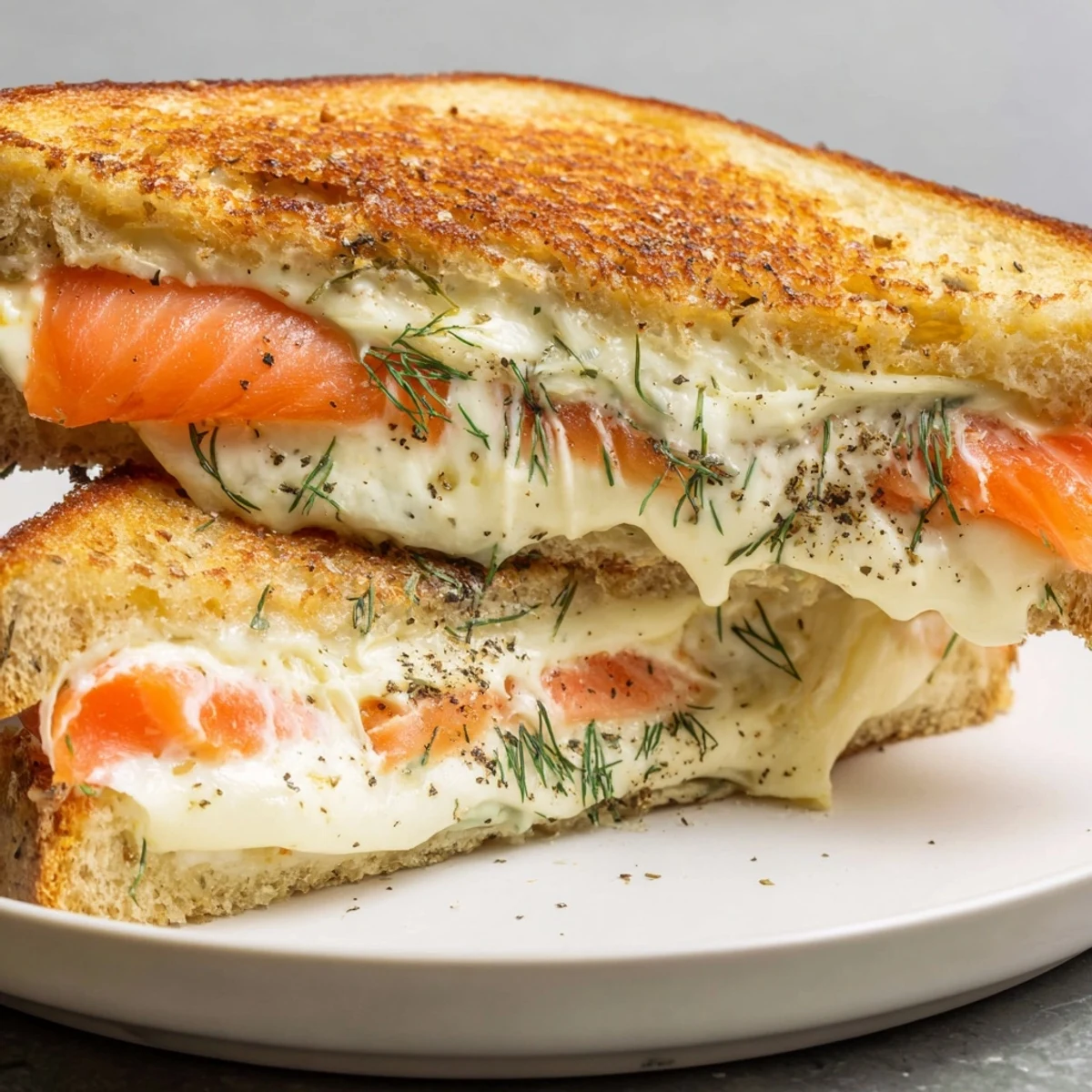 Golden-brown Smoked Salmon Grilled Cheese sandwich, cheese oozing, served with fresh dill, ready to eat.
