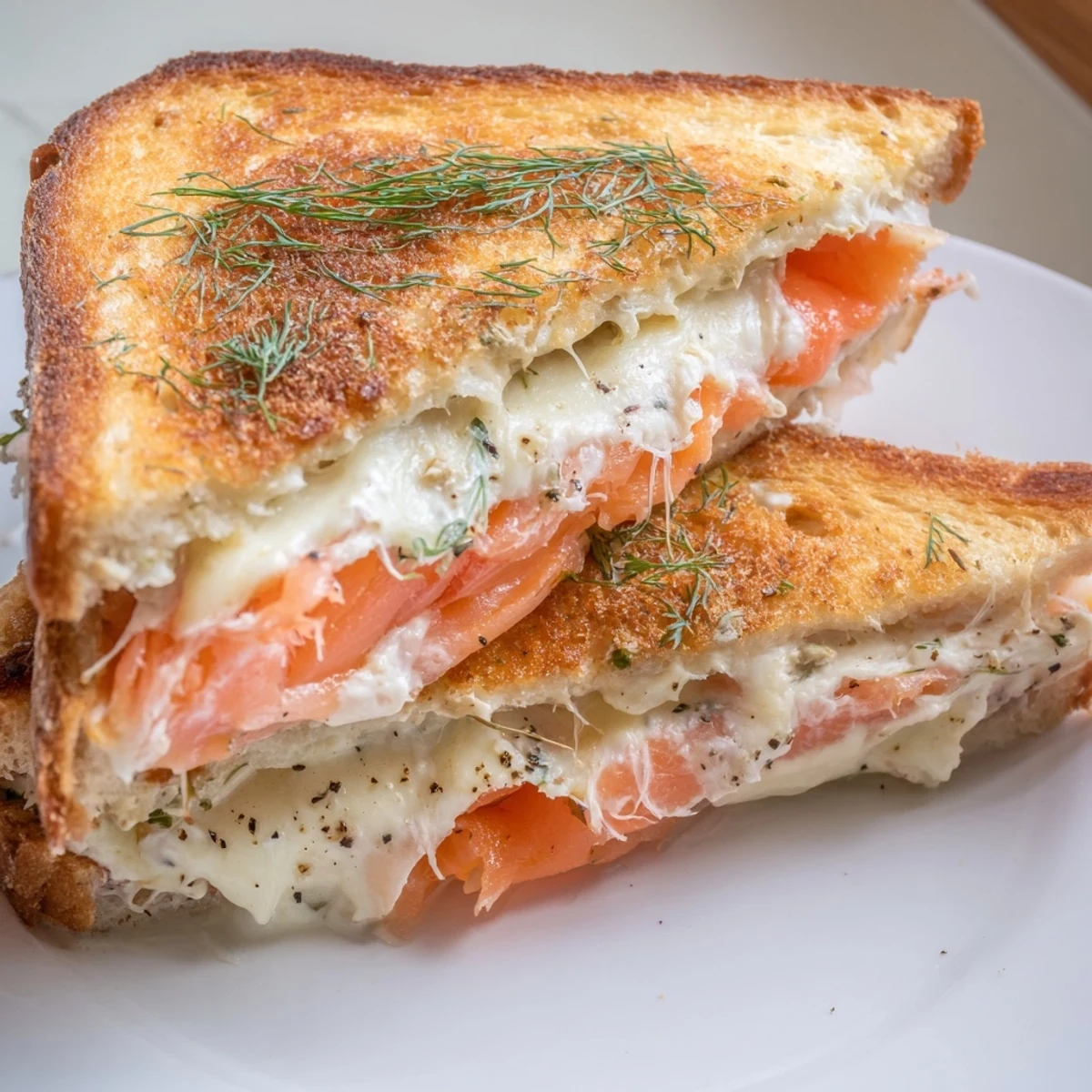 A close-up of a perfectly grilled Smoked Salmon Grilled Cheese, showing creamy cheese and flaky salmon inside.