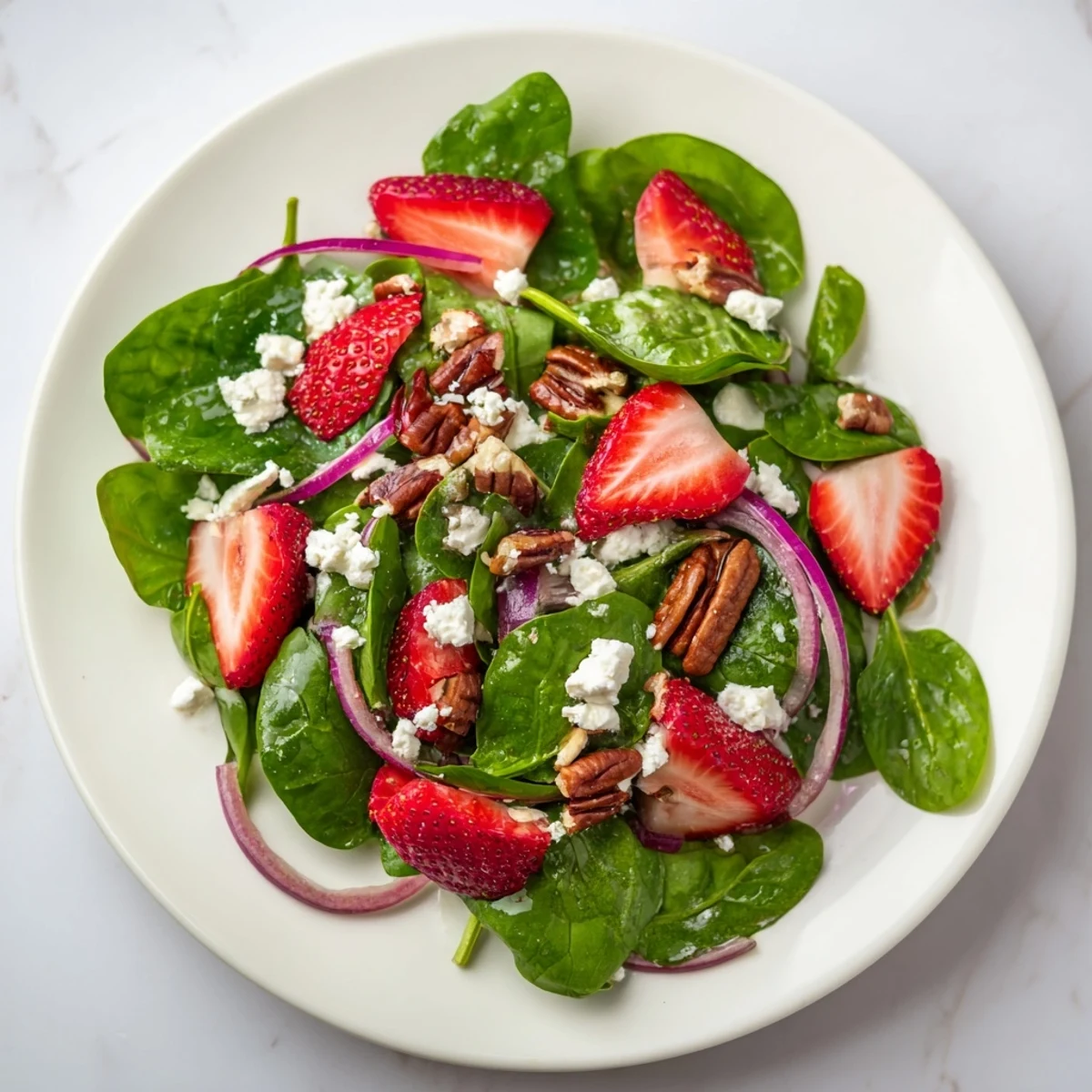 Beautiful layered Spinach Strawberry Salad, garnished with crumbled feta and toasted pecans.