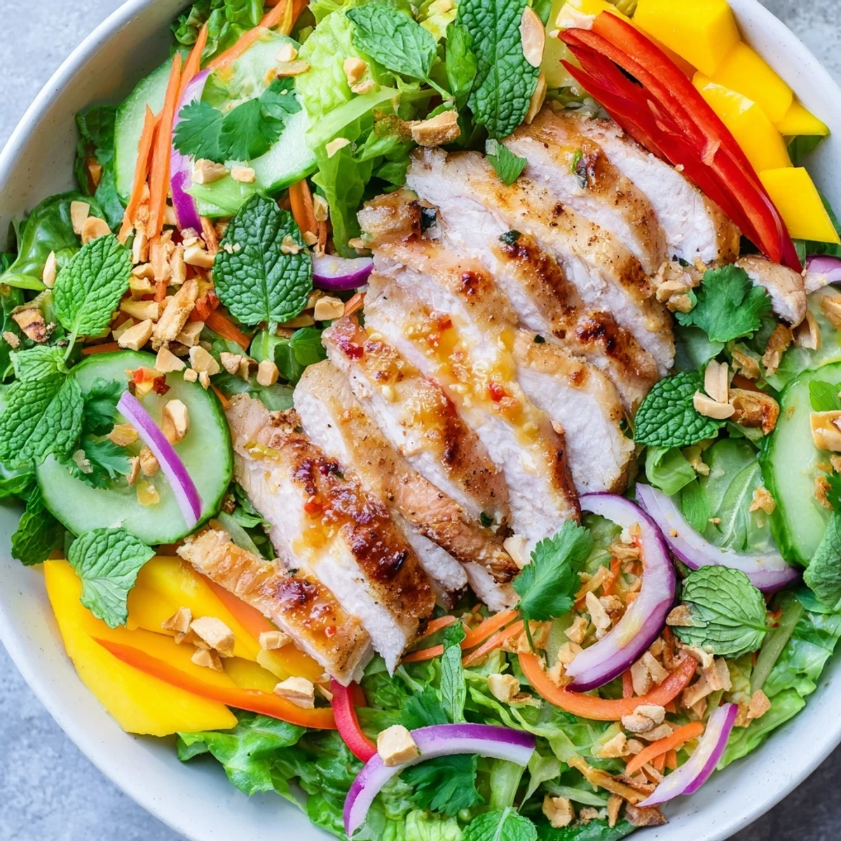 Fresh Thai Mango Chicken Salad with bright colors and a zesty lime dressing.