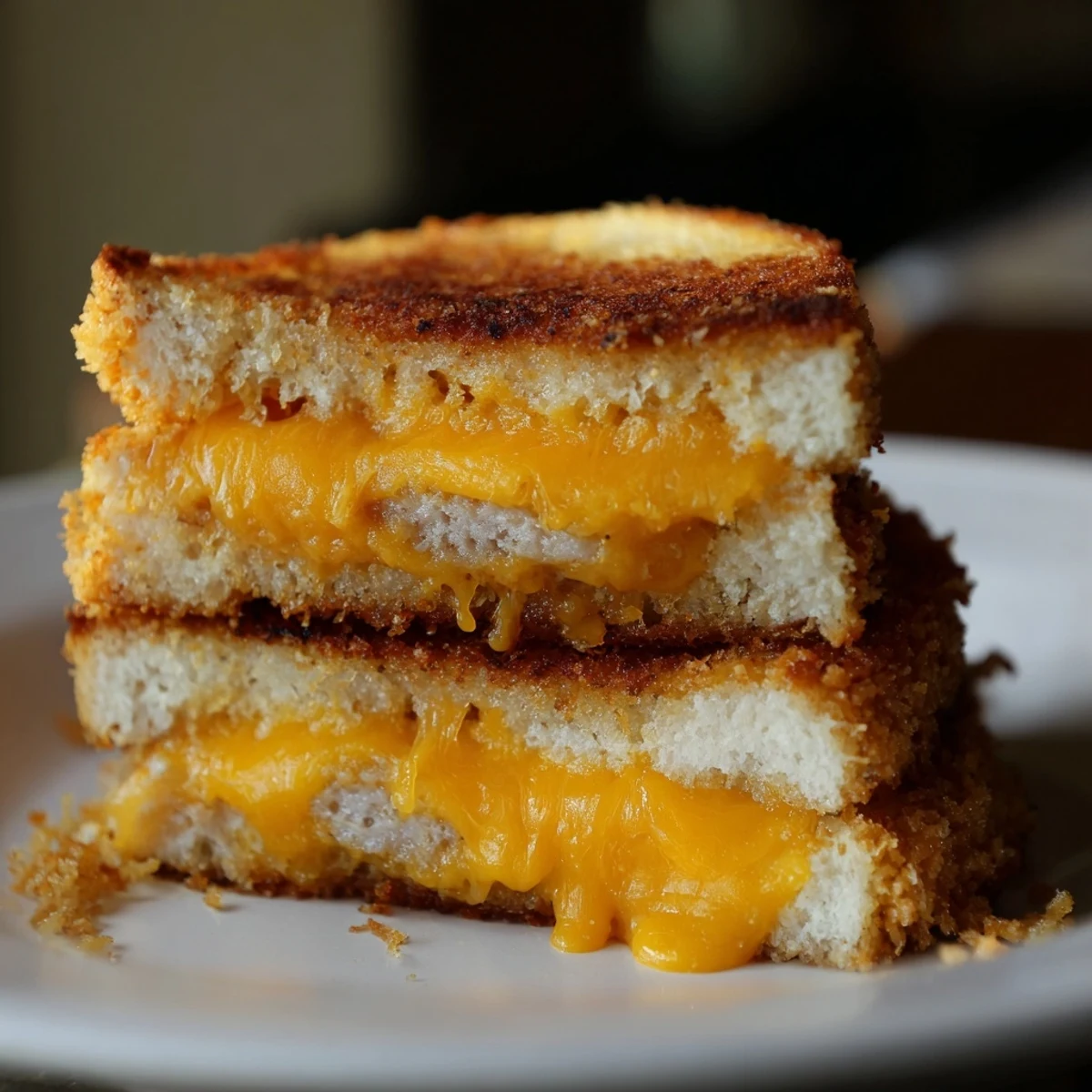 Golden-brown, melty Crispy Panko Pork Chop Grilled Cheese with inviting steam and rich aromas ready for serving.