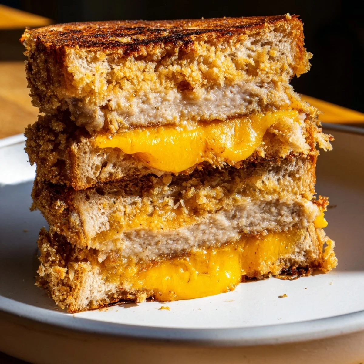 Delectable Crispy Panko Pork Chop Grilled Cheese with layers of cheese oozing out, nestled between perfectly toasted bread.