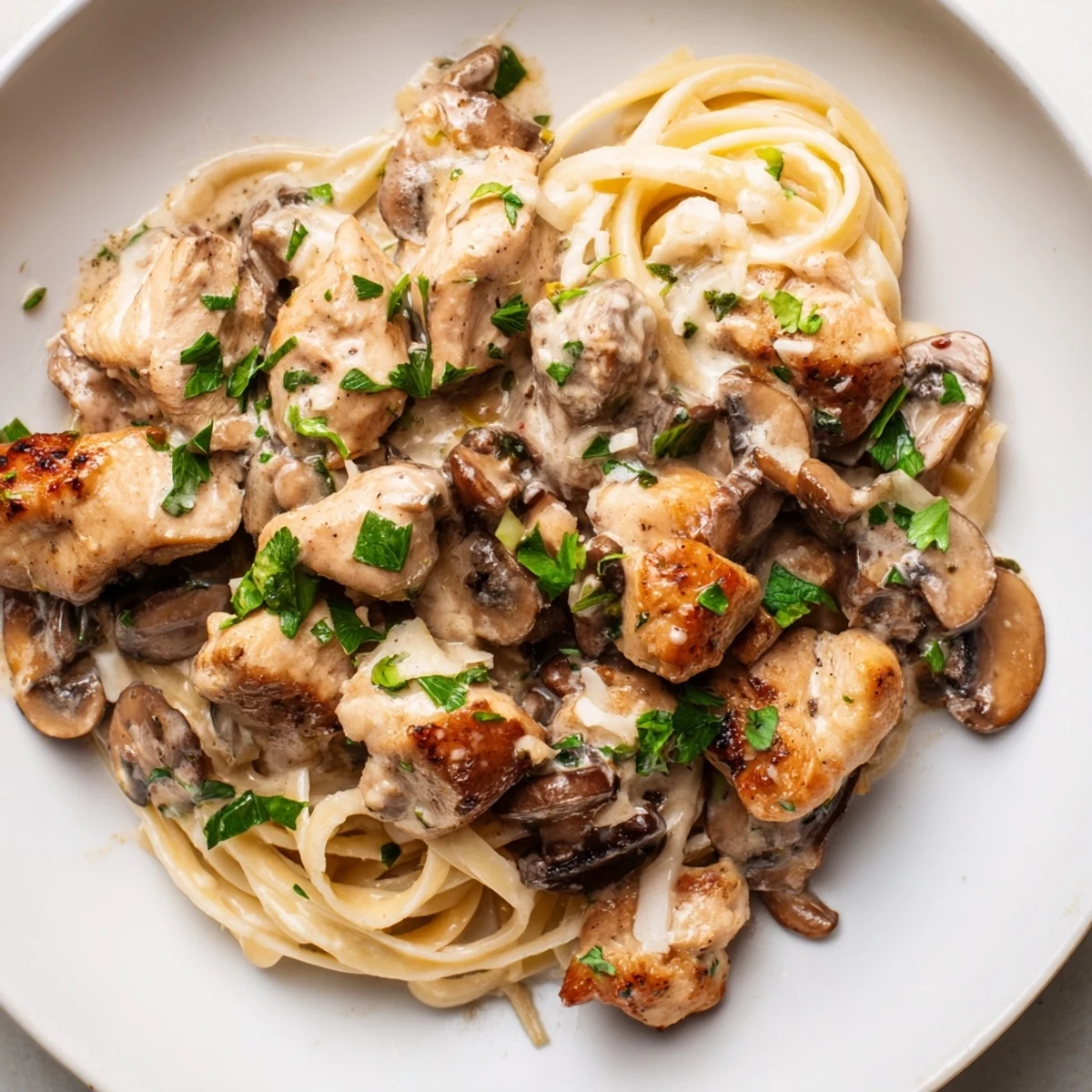 Close-up of creamy mushroom chicken pasta: steaming pasta with parmesan, perfect for dinner tonight. 