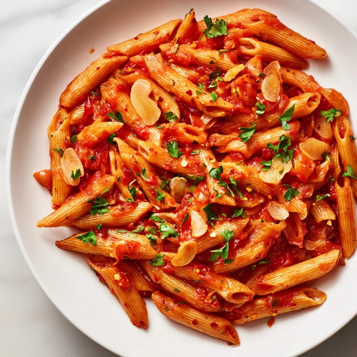 A steaming bowl of Penne allArrabbiata, ready to eat, garnished with parsley for an appealing presentation.