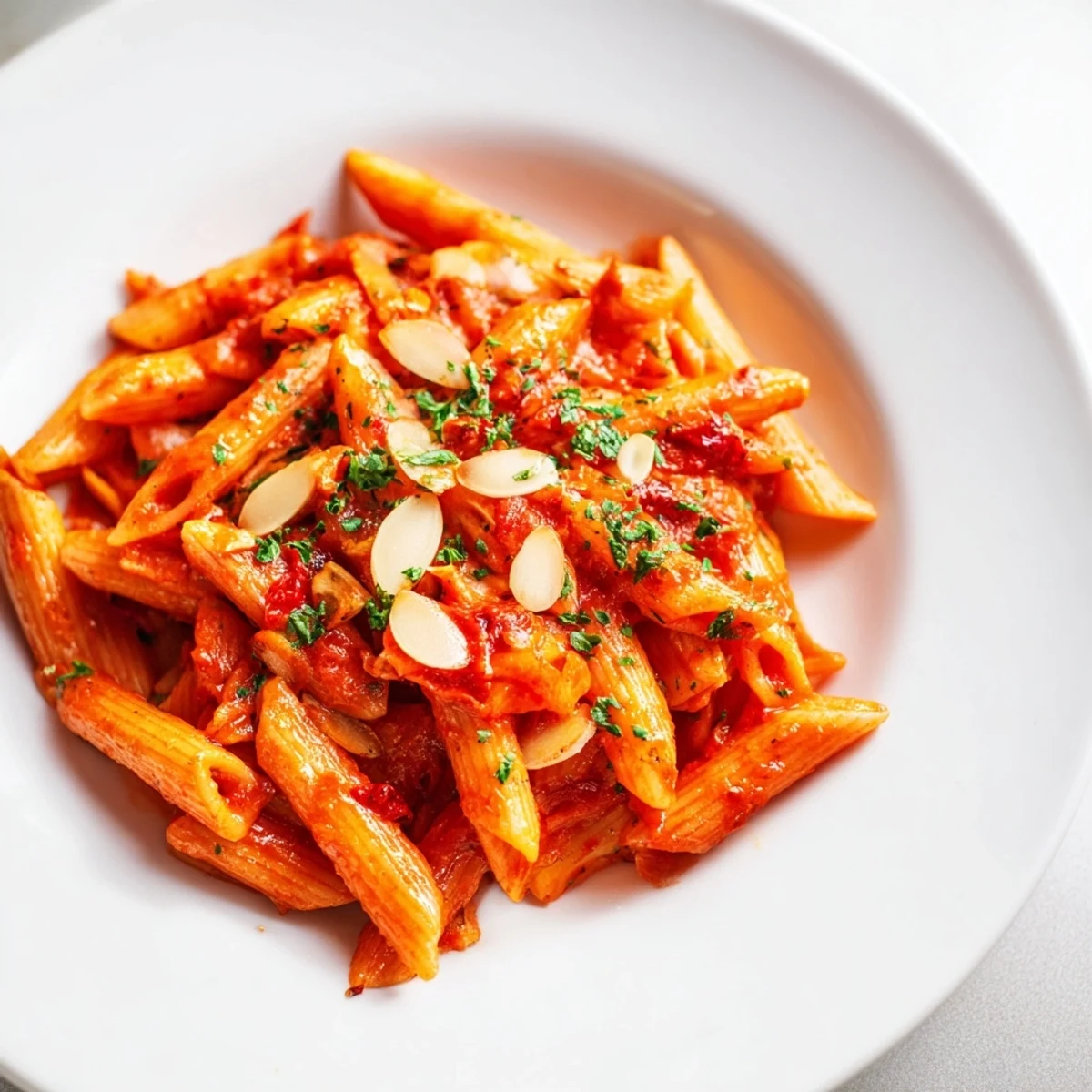 Close-up of freshly made Penne allArrabbiata, showcasing the glistening sauce and perfectly cooked pasta.