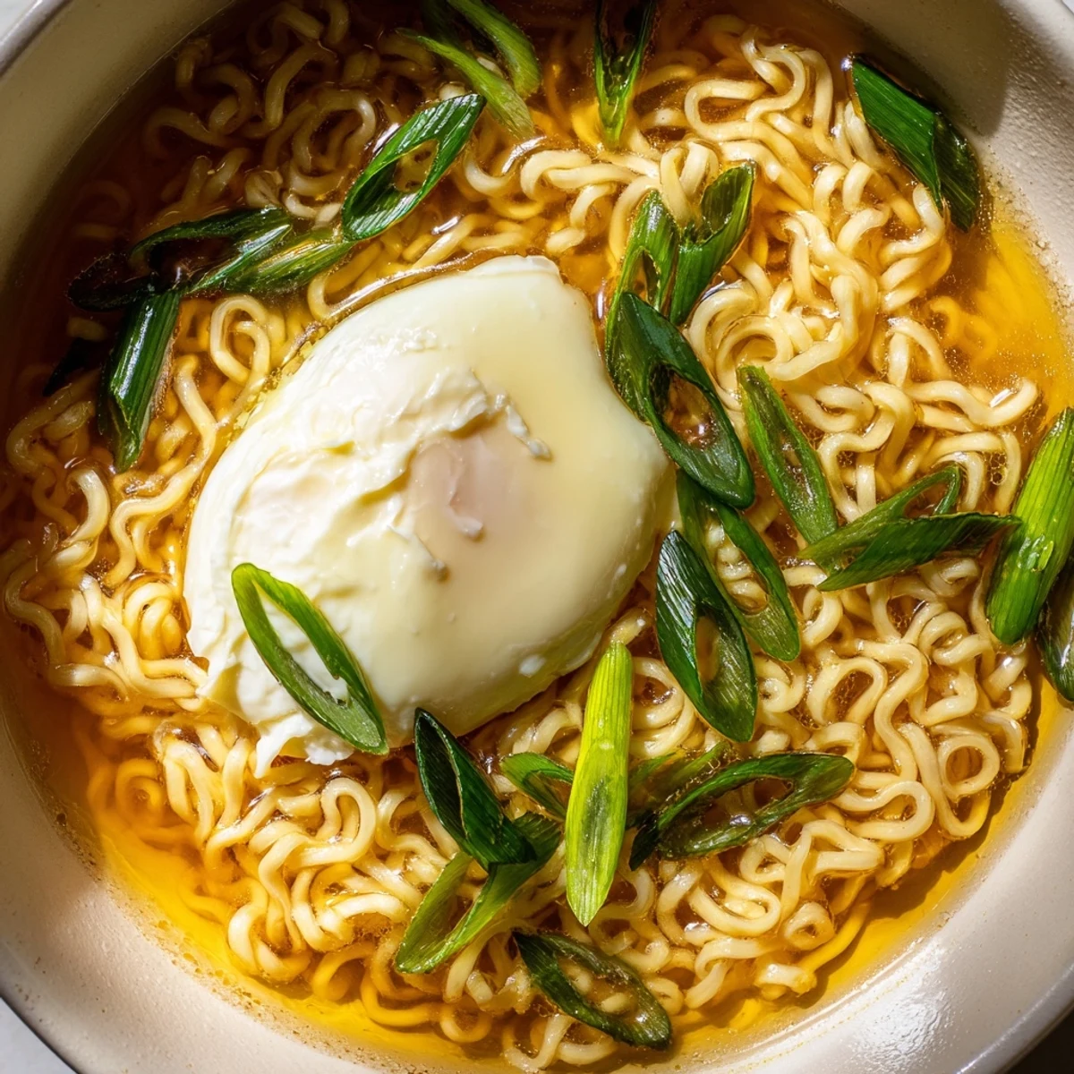Flavorful upgraded instant ramen topped with butter, scallions, and a rich, golden egg yolk.