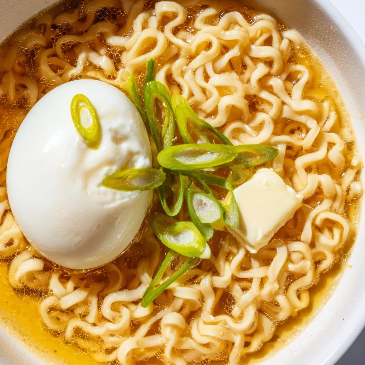 Steaming bowl of upgraded instant ramen with a perfectly cooked soft egg, ready to enjoy.