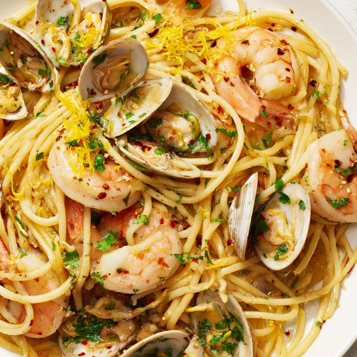 Steaming Seafood Pasta Aglio e Olio, overflowing with clams, shrimp, and garlic, ready to eat.