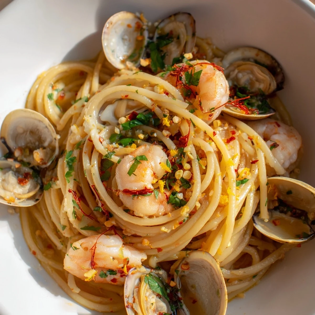 A flavorful Italian Seafood Pasta Aglio e Olio showcased in a skillet, with glistening olive oil.