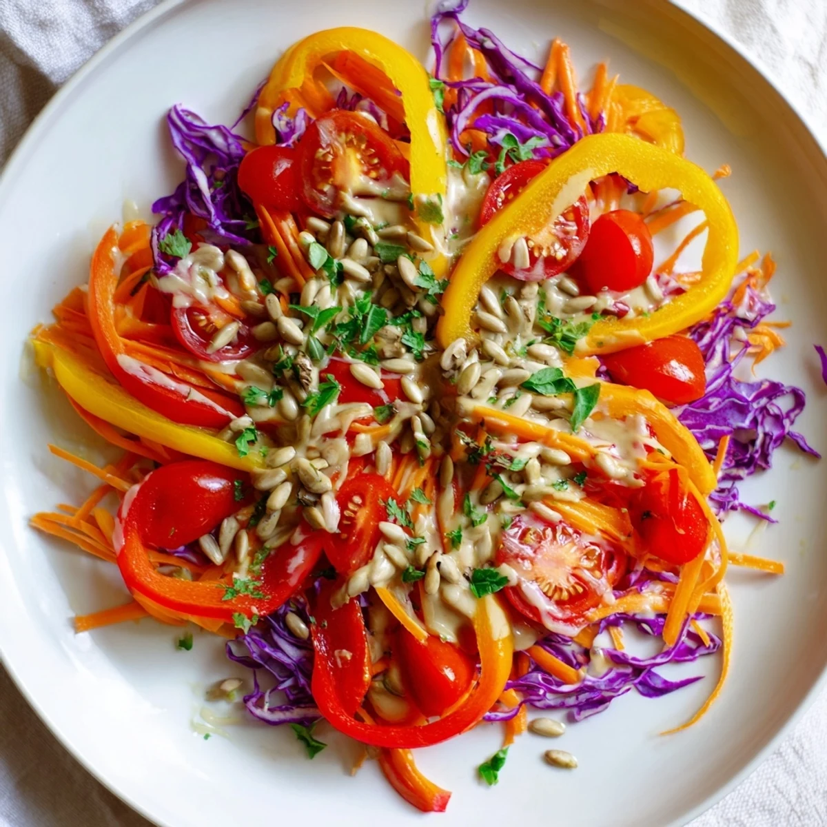 Freshly tossed Rainbow Salad bursting with vibrant colors, served with creamy tahini dressing.