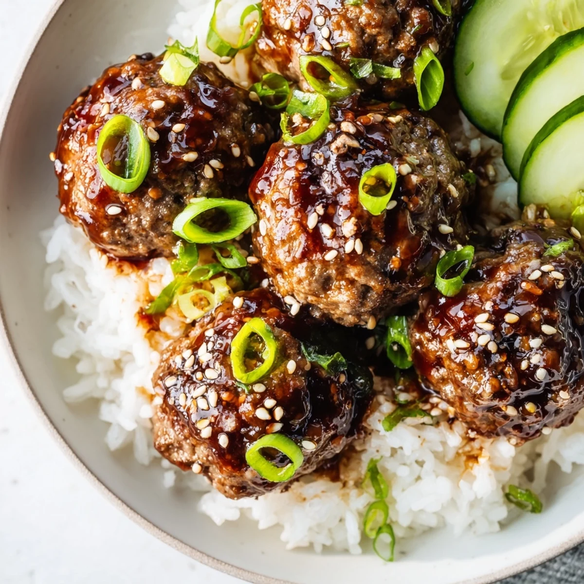 Picture steaming rice topped with glistening teriyaki sauce and tender meatballs; a perfect Teriyaki Meatball Bowl!