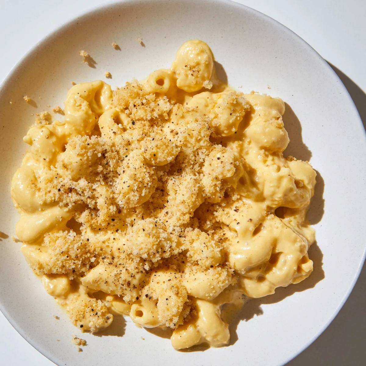 A bowl of rich Pumpkin Mac & Cheese, with a creamy cheese sauce and visible pumpkin puree.