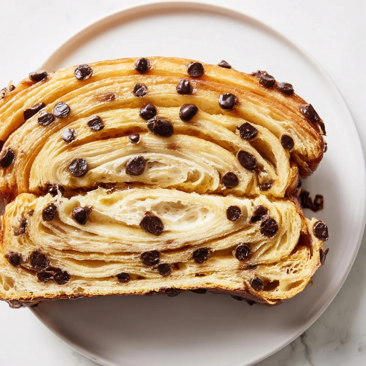 Golden-brown crookies, a French-American pastry fusion, showing flaky layers and chocolate chips.