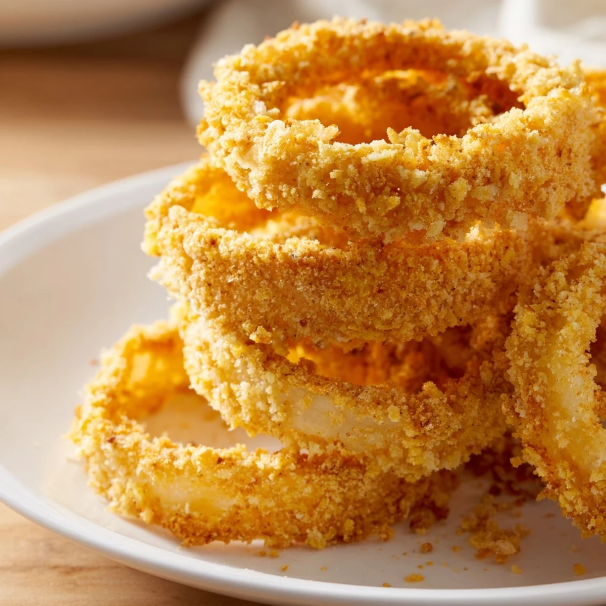 Golden, crispy Crispy Onion Ring Tower, piled high, ready to be dipped and devoured at a party.