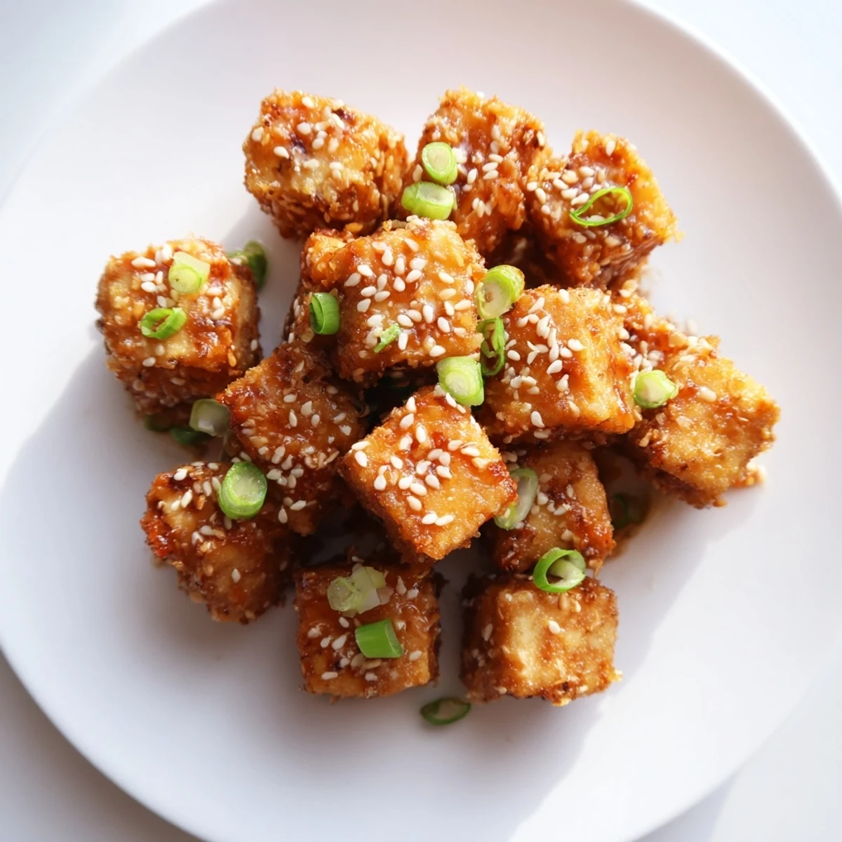 Golden, crispy Honey Sriracha Tofu Nuggets glistening with a sweet and spicy glaze.