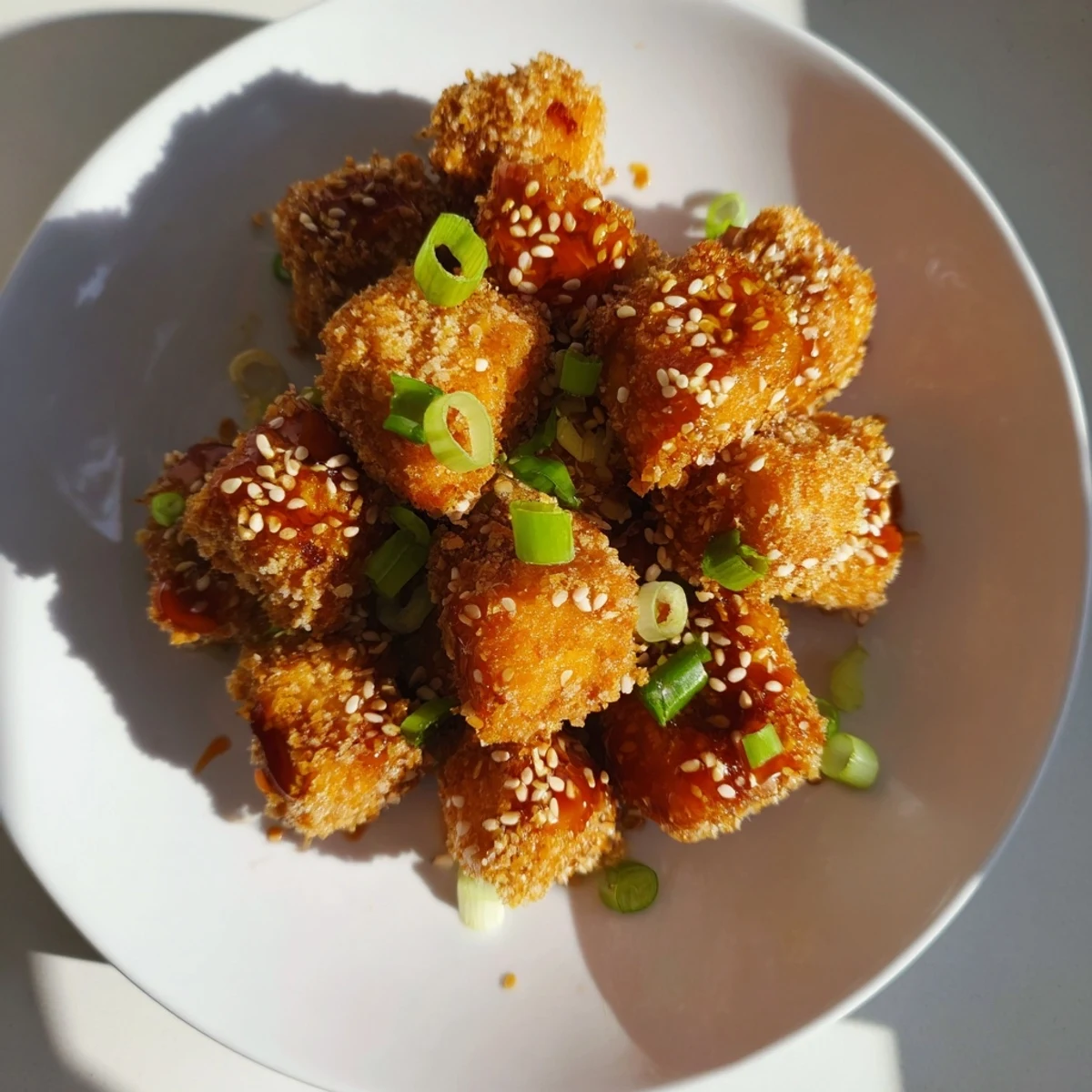 Close-up shot shows a bowl of vibrant Honey Sriracha Tofu Nuggets sprinkled with sesame seeds.
