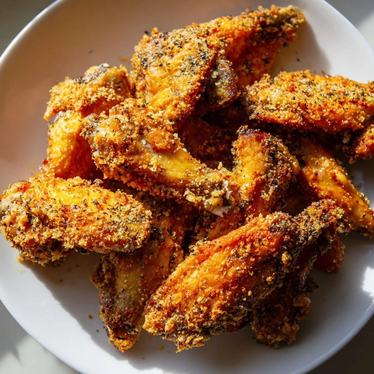 Golden, crispy baked Parmesan chicken wings ready to serve with ranch dressing on a plate.