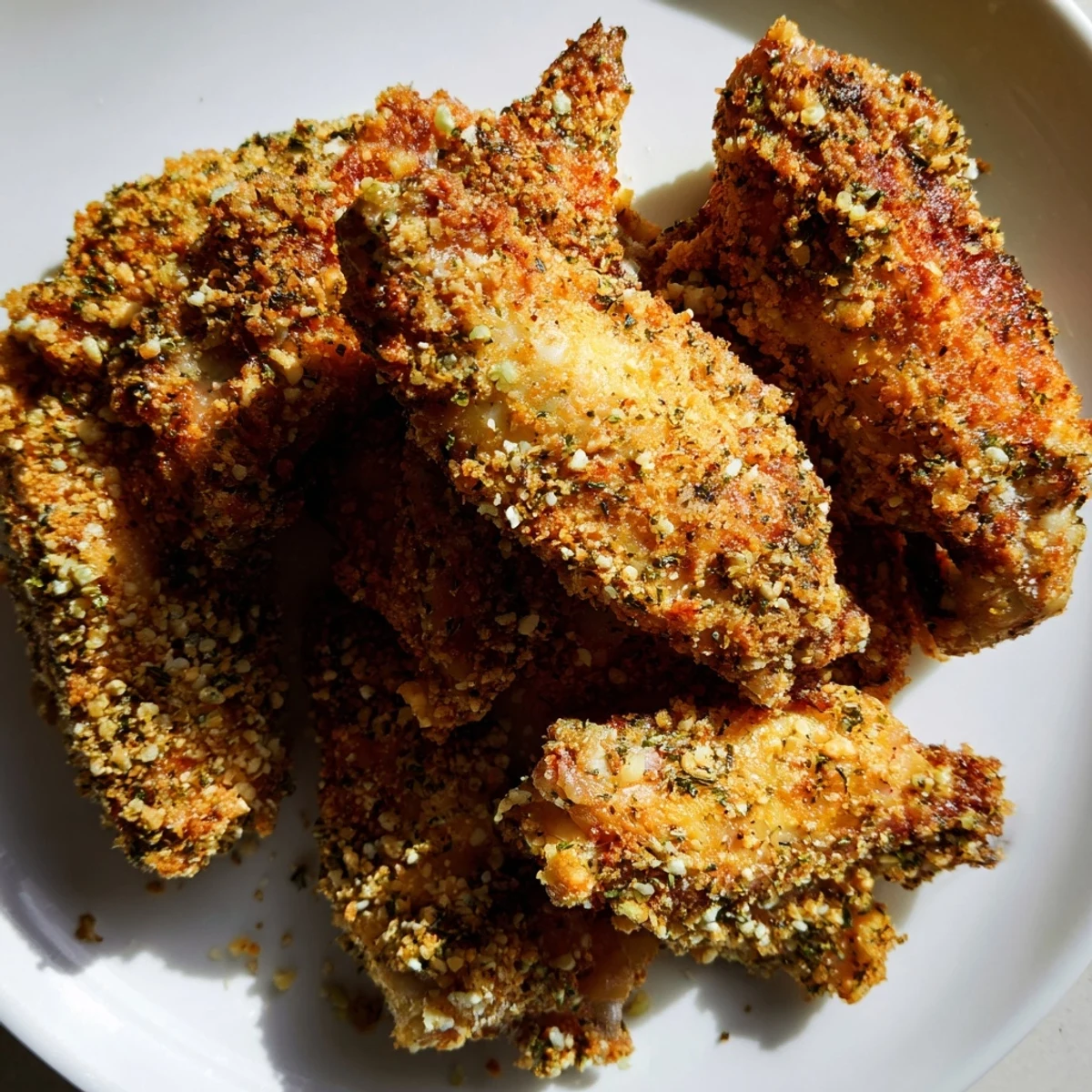 Close-up of crispy Parmesan chicken wings, baked to golden perfection, ready to be devoured.