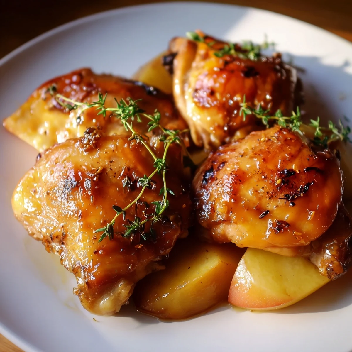 Golden, sticky Sticky Maple Apple Chicken, with glistening glaze and roasted apple slices on a baking sheet.