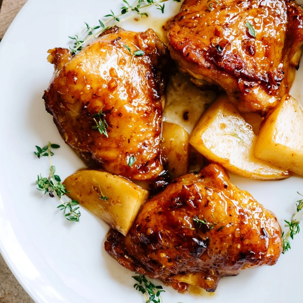 Homemade Sticky Maple Apple Chicken, tender chicken thighs coated in a sweet, tangy maple glaze, ready to serve.