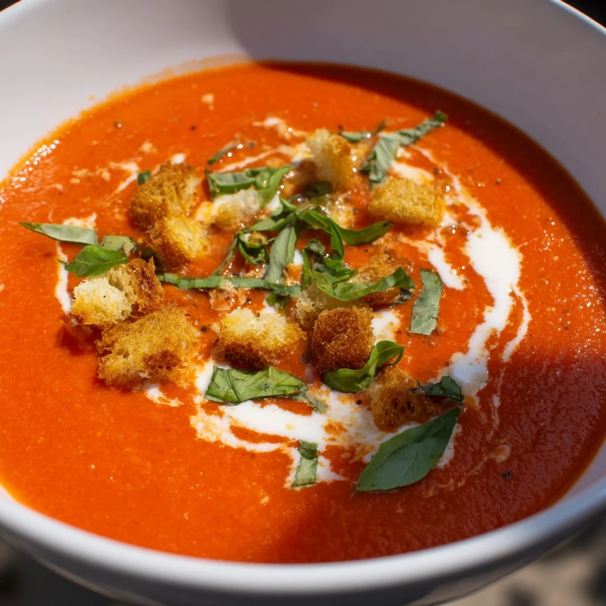 Creamy roasted garlic tomato soup: a warm bowl of creamy tomato soup served with basil garnish.