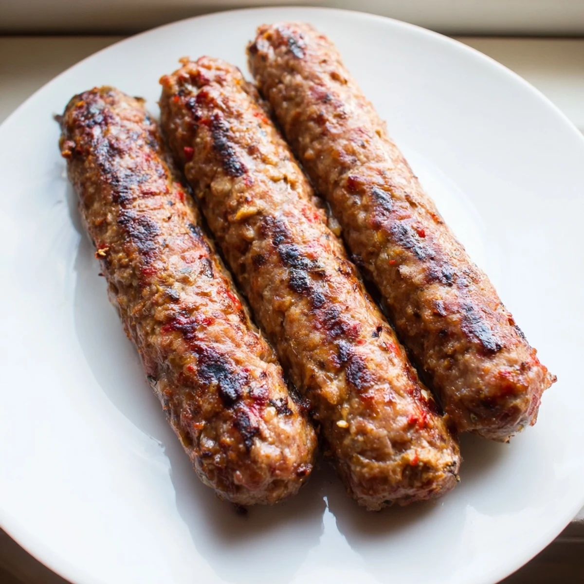 Smoky Romanian mici sausages, grilled to golden perfection, ready to be served hot with mustard!