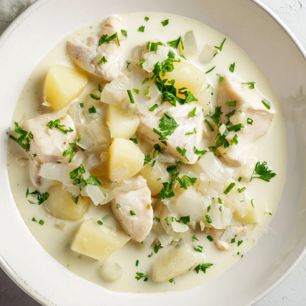 Steaming Icelandic fish stew, with chunks of potato and creamy broth, ready to serve and enjoy.
