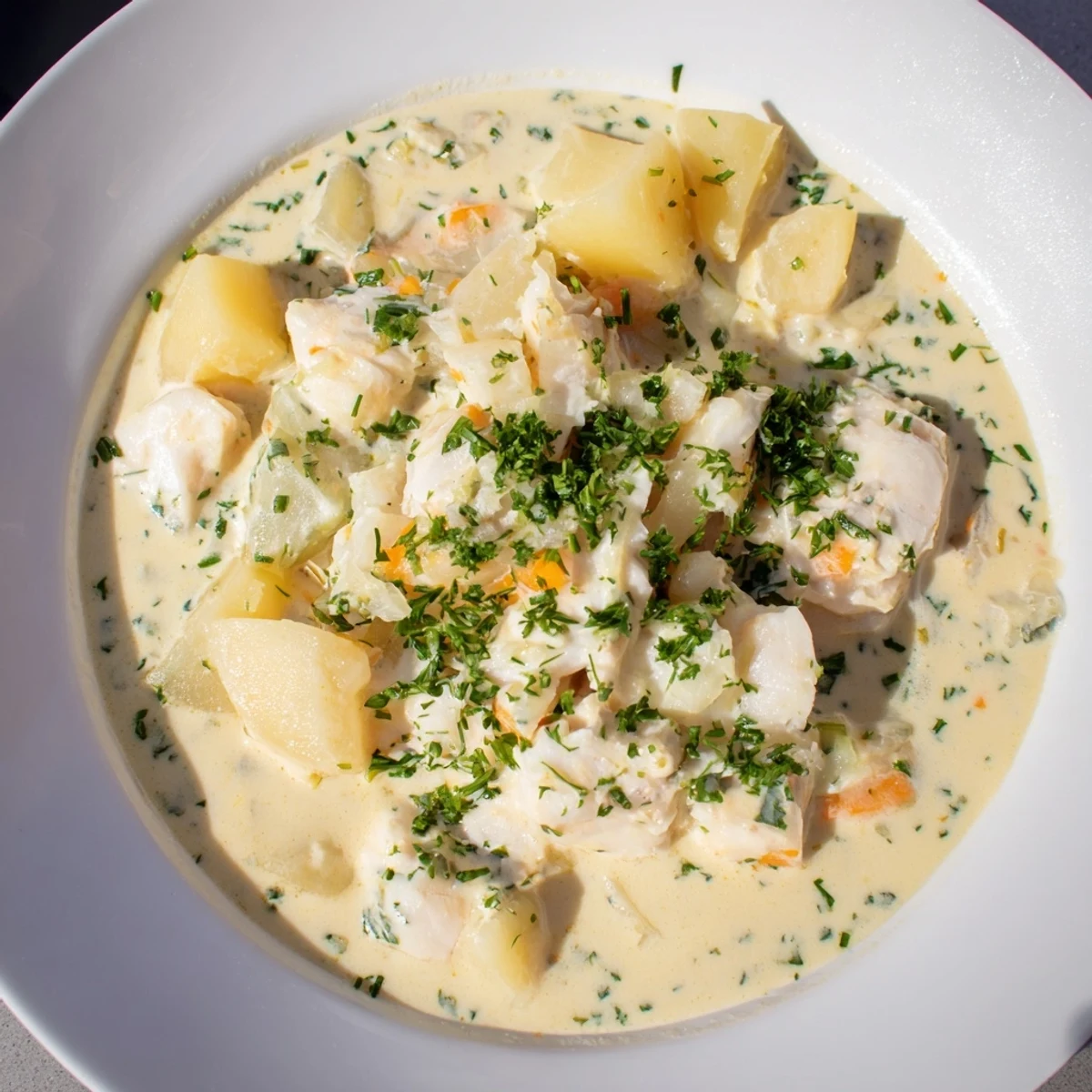 Hearty Icelandic fish stew with flaky white fish, creamy sauce, and potatoes, perfect for a cold day.