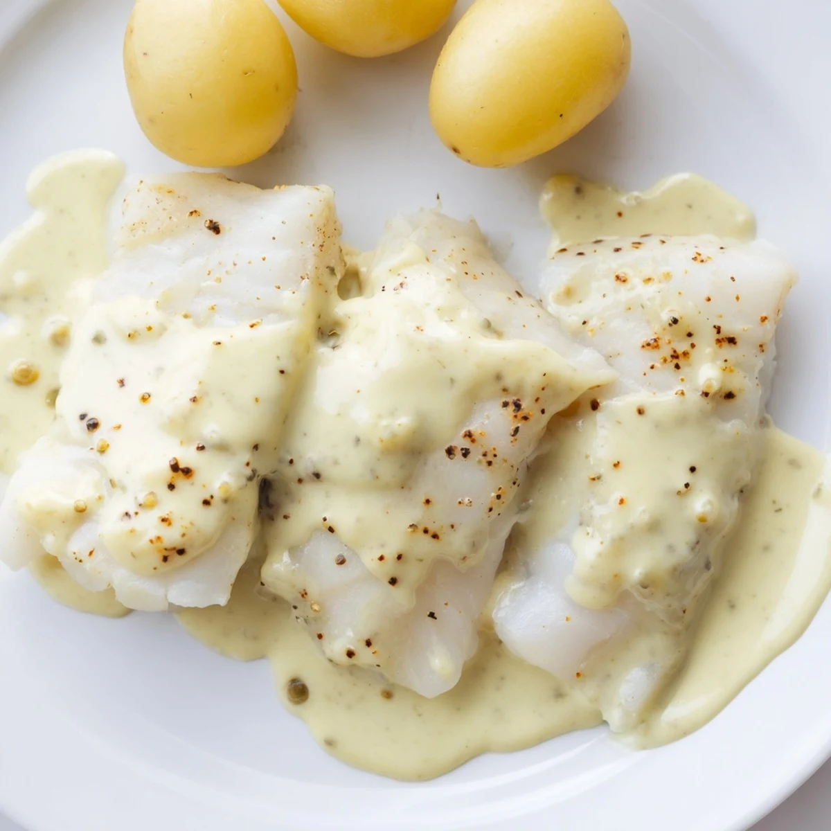 Flaky Norwegian Lutefisk, gently baked and topped with creamy mustard sauce, ready to serve.
