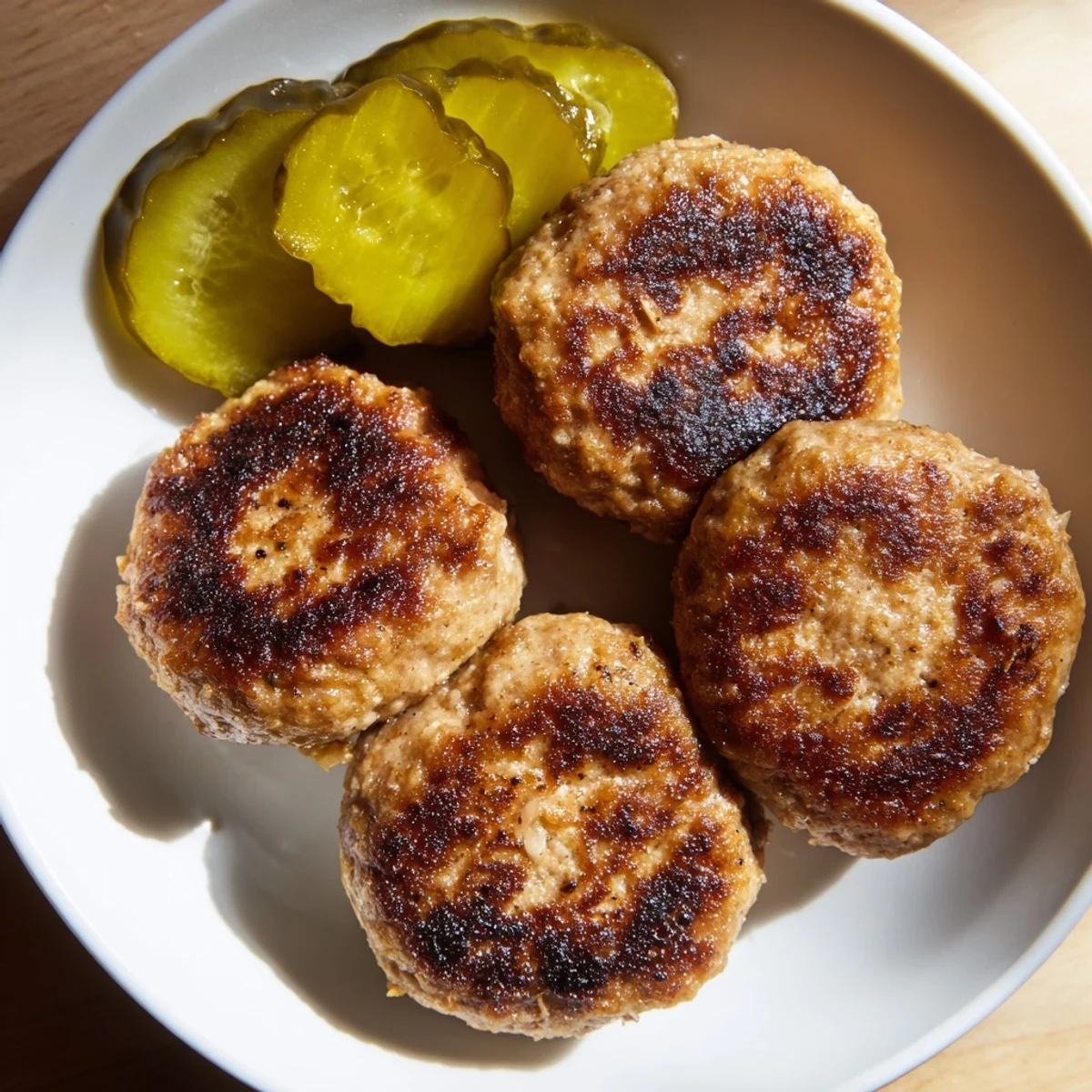 Appetizing plate of cooked Danish frikadeller, simple comfort food, enjoyed with rye bread and pickles.