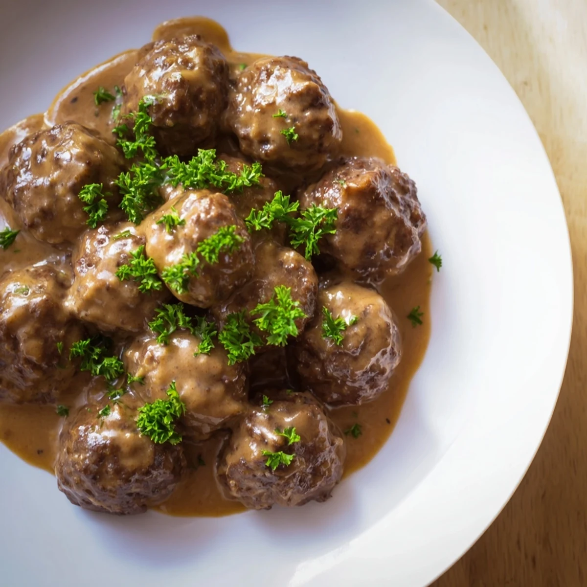 Swedish Meatballs swimming in a rich, creamy sauce beside a fluffy mound of mashed potatoes.