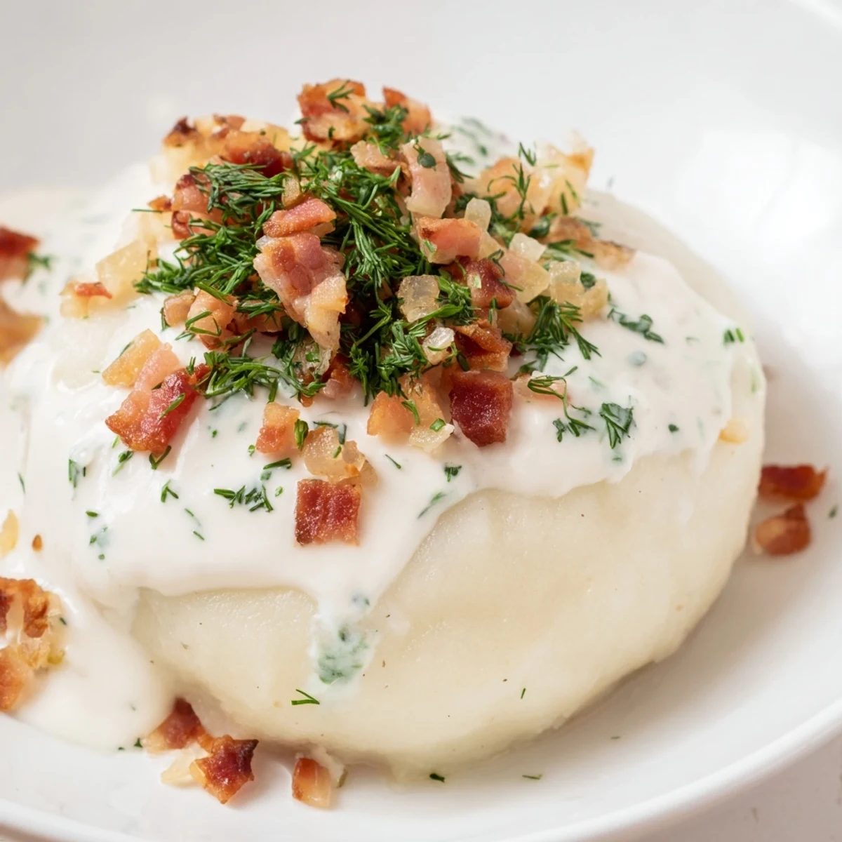Steaming, savory Cepelinai dumplings plated, topped with bacon and sour cream sauce for serving.