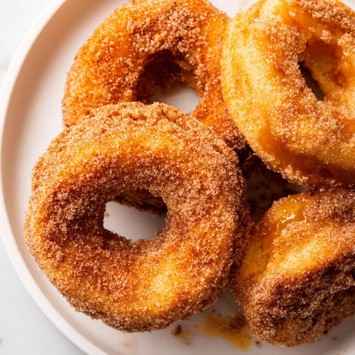 Freshly air-fried Air Fryer Cinnamon Sugar Donuts, brushed with melted butter, coated in sweet cinnamon sugar, and served warm for an irresistible treat.
