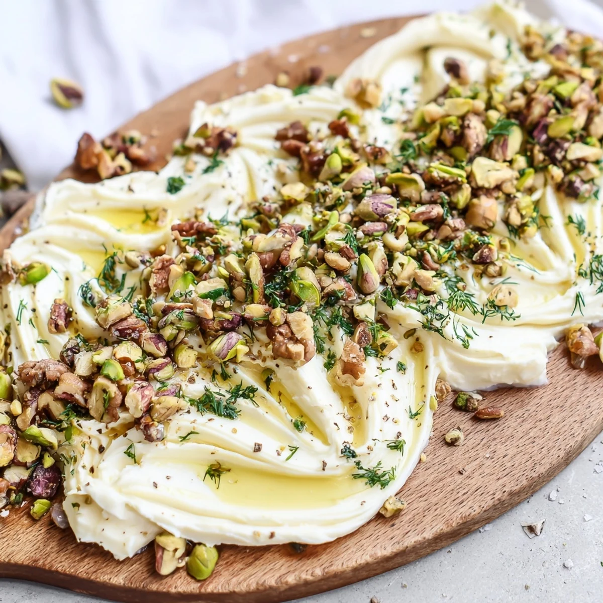Creamy Flavored Butter Board Charcuterie spread on a wooden board, topped with honey, nuts, and fresh herbs.