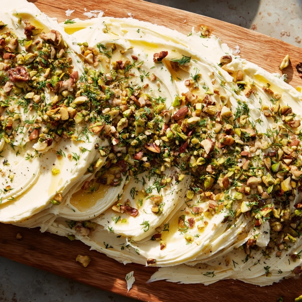 A close-up of the Flavored Butter Board Charcuterie with herbs, honey drizzle, and flaky salt beside sliced baguette.