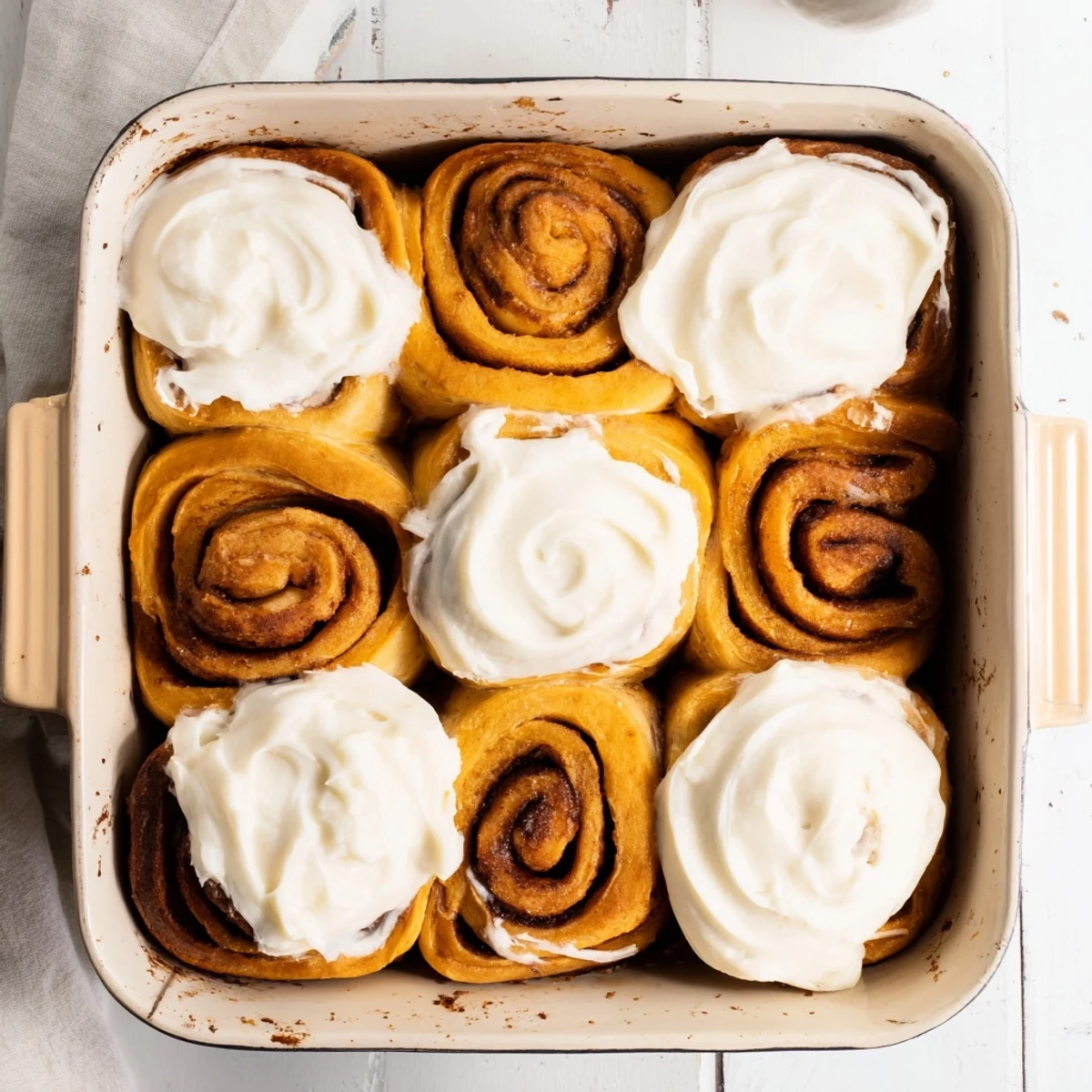 Freshly baked pumpkin cinnamon rolls cooling on a wire rack, showcasing swirls of cinnamon sugar and creamy, velvety frosting.  