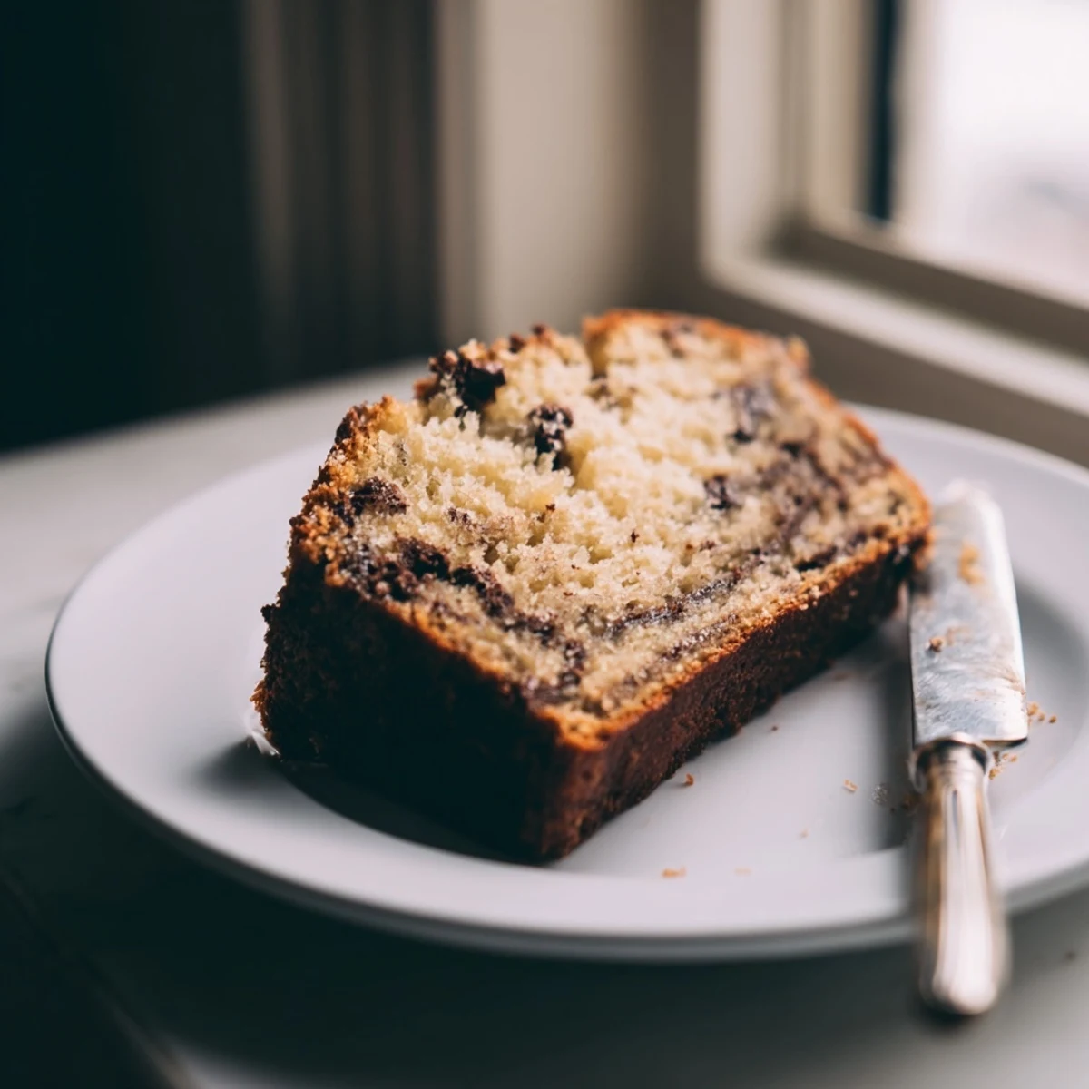 A slice of moist homemade banana bread with chocolate chips, served warm on a white plate.