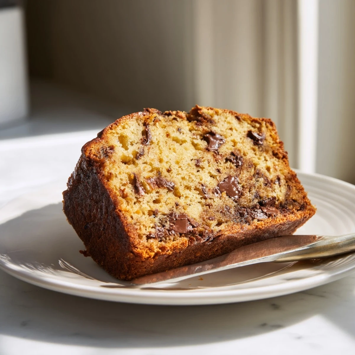 Freshly baked banana bread with chopped walnuts, still steaming slightly on a wooden cutting board.