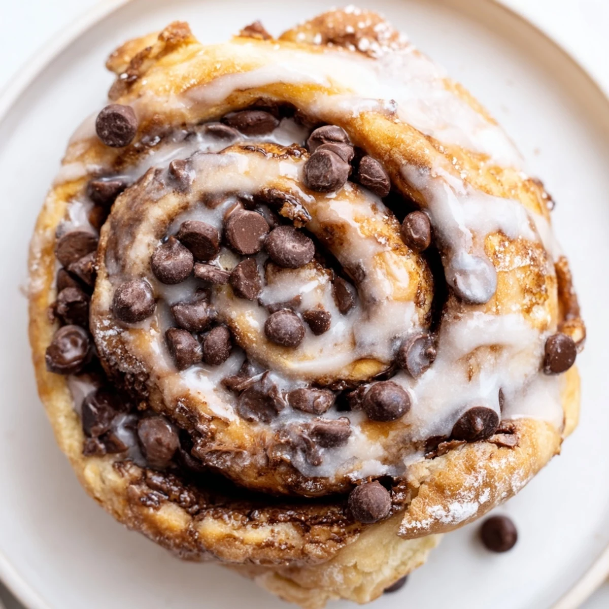 Golden-brown Nutella Chocolate Chip Rolls fresh from the oven, drizzled with sweet glaze and garnished with extra chocolate chips.