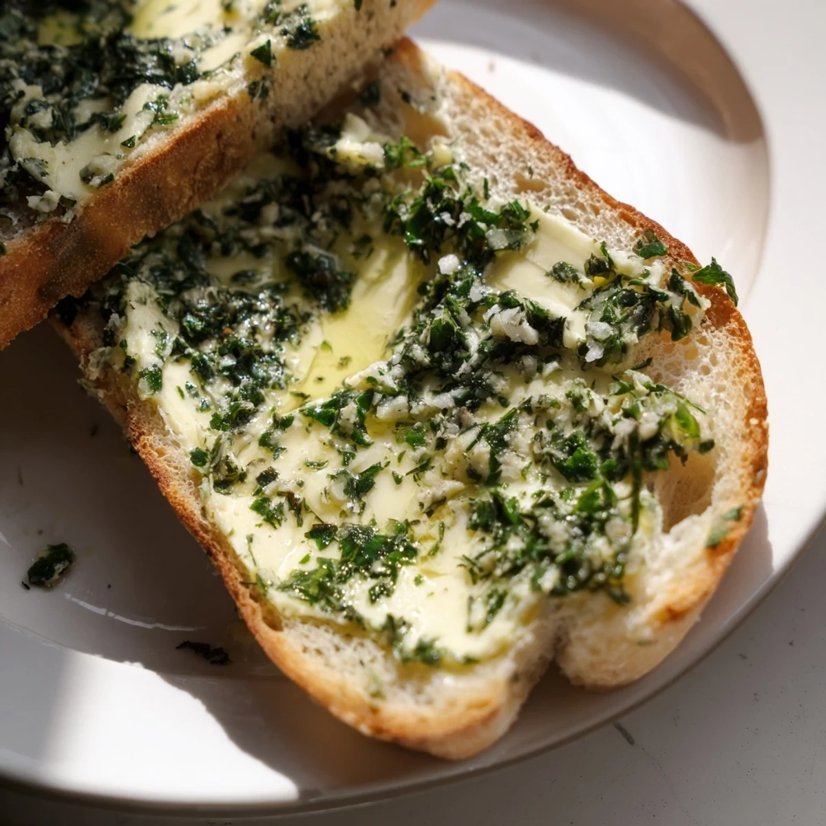 Golden Herb Butter Toast with melted aromatic butter glistening on crusty bread, ready to pair with a crisp white wine or light soup.
