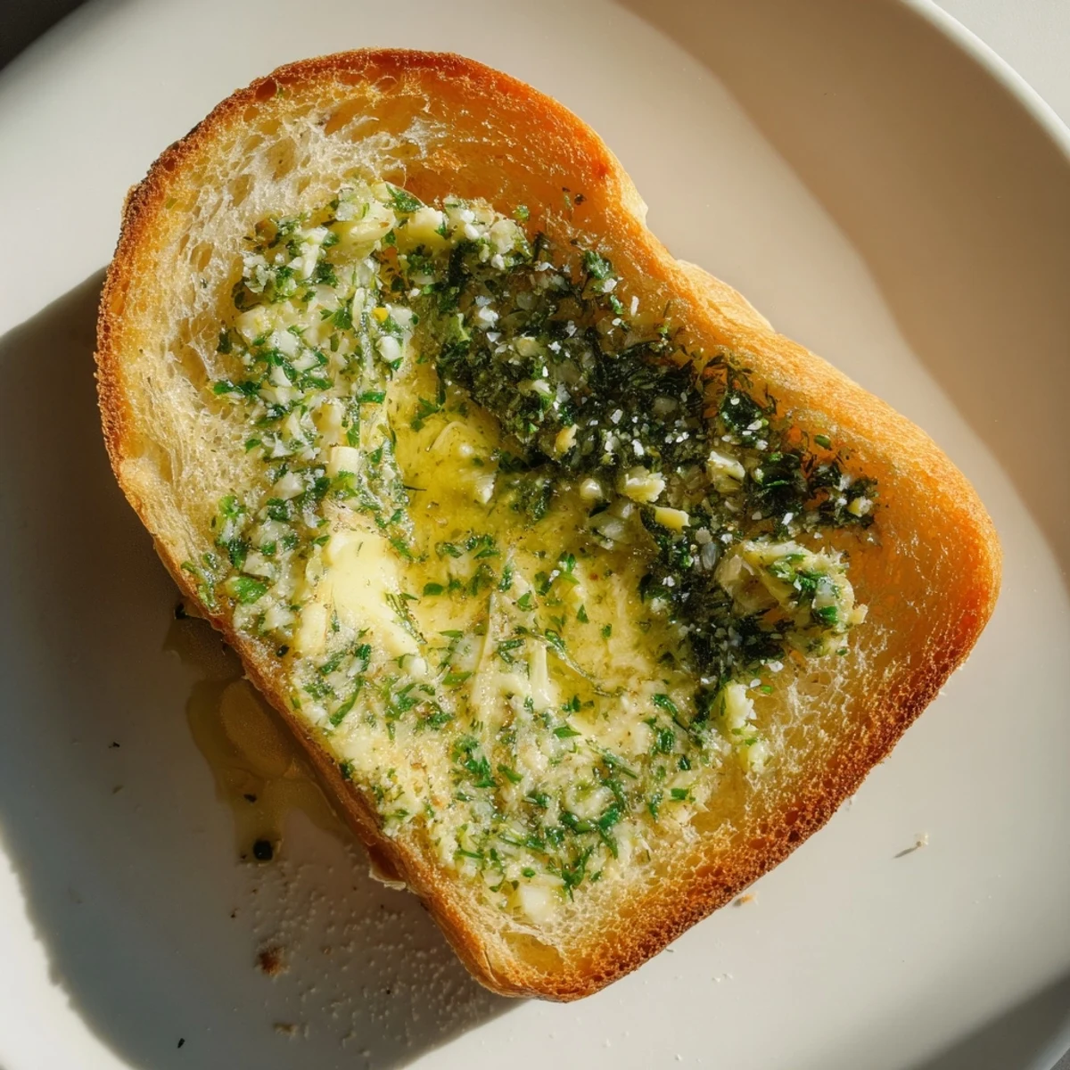 Freshly toasted sourdough slices spread with vibrant green herb butter and sprinkled with flaky sea salt, served as a warm snack or appetizer.