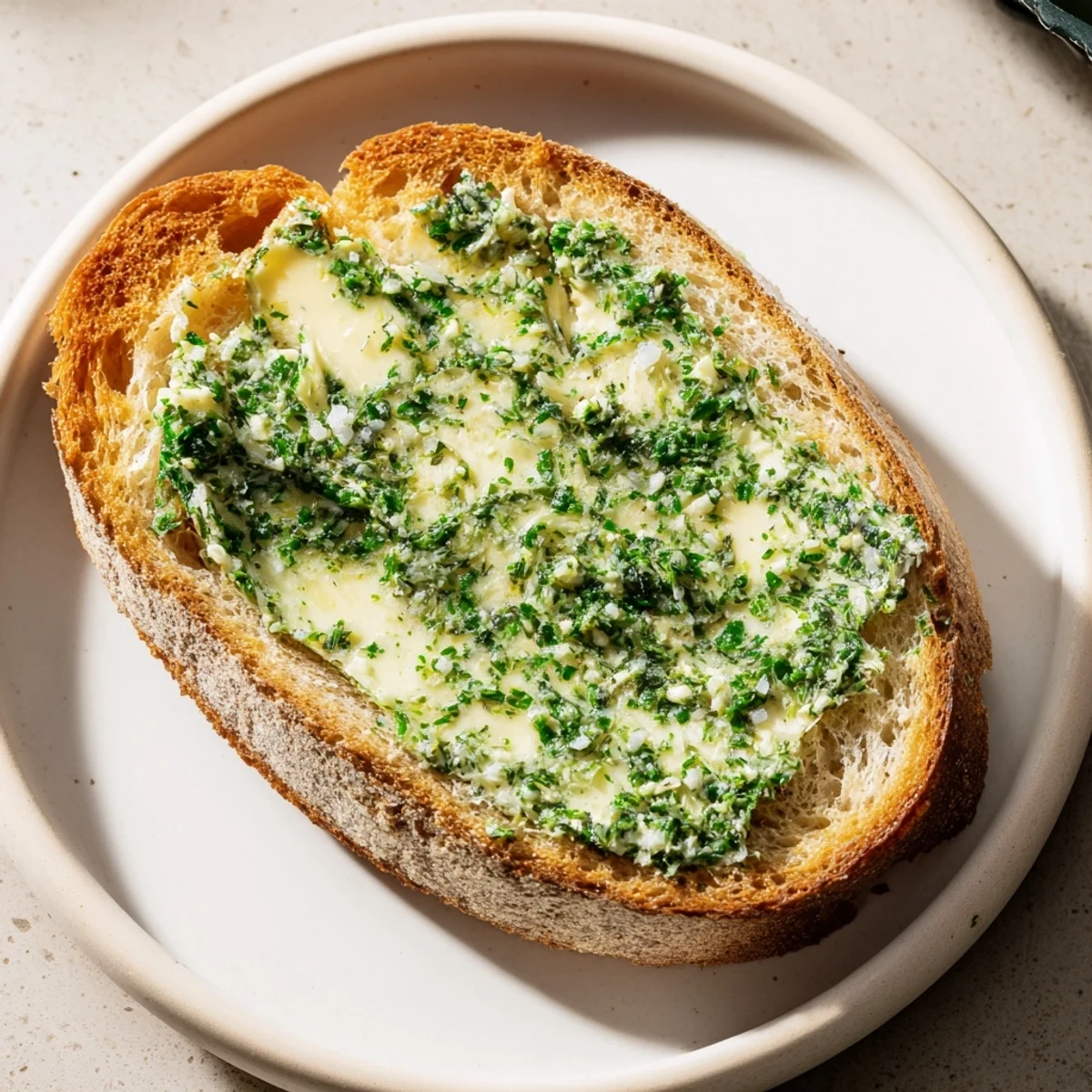 Rustic Herb Butter Toast featuring crispy artisan bread topped with garlicky herb butter, finished with a delicate crunch of flaky sea salt.