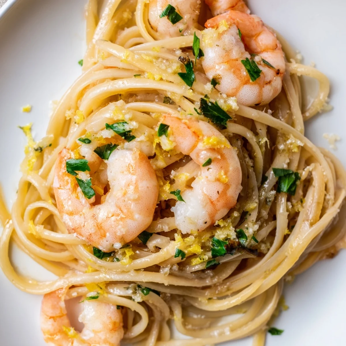 Plated Garlic Butter Shrimp Linguine garnished with lemon zest and grated Parmesan, served alongside a crisp green salad for a balanced meal.  